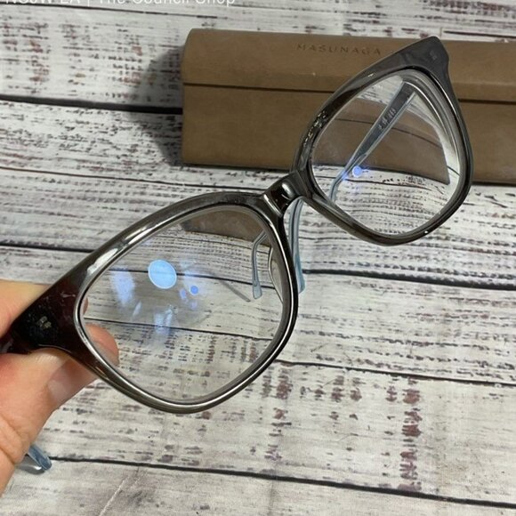 Masunaga 069 Translucent Black/Blue Eyeglass Frames in Brown Leather Case - Picture 2 of 5